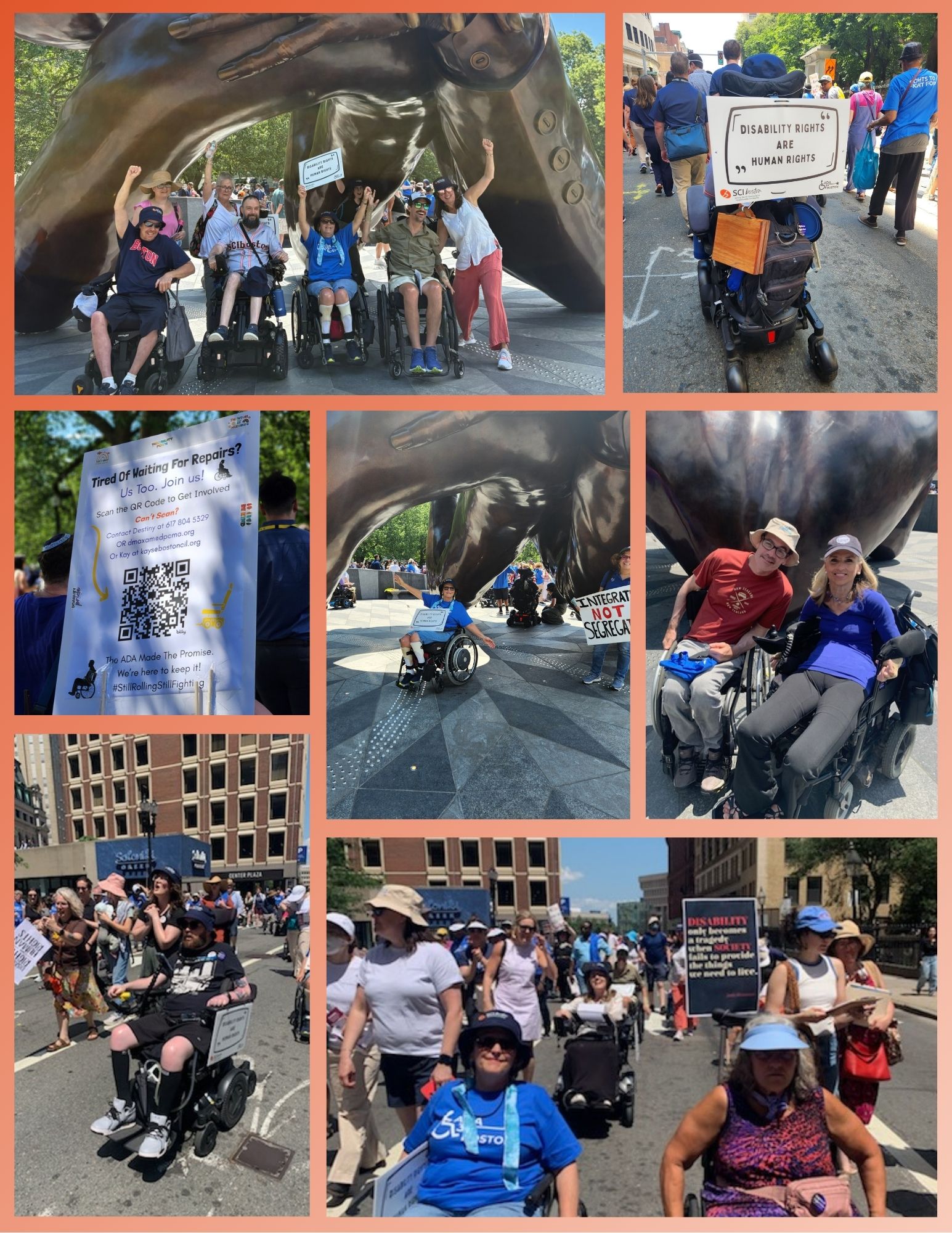 This is an collage of images from ADA35 Boston. There are seven images on a background with an orange to peach gradation. The first image is of SCIboston Attendees under The Embrace. The second is a picture of the back of someone's wheelchair with a sign that says 
