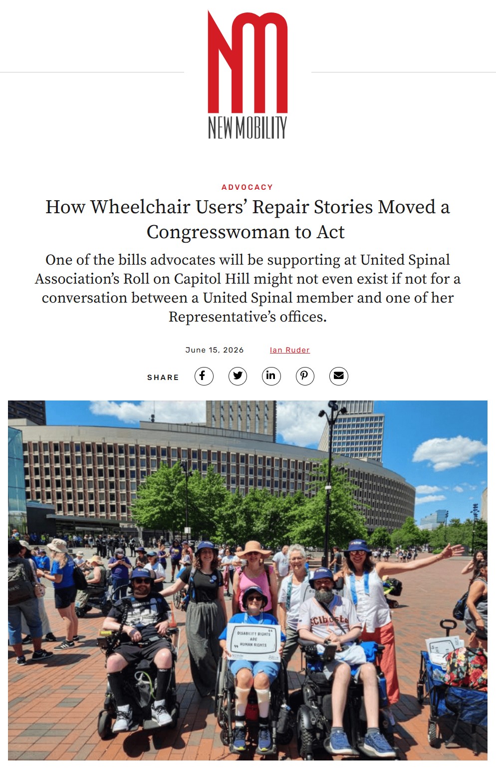 This is an image of the New Mobility Article that Vita Brown and Pam Daly were highlighted in. The title, byline, author, and a photo of SCIboston community members at ADA35 are all visible.