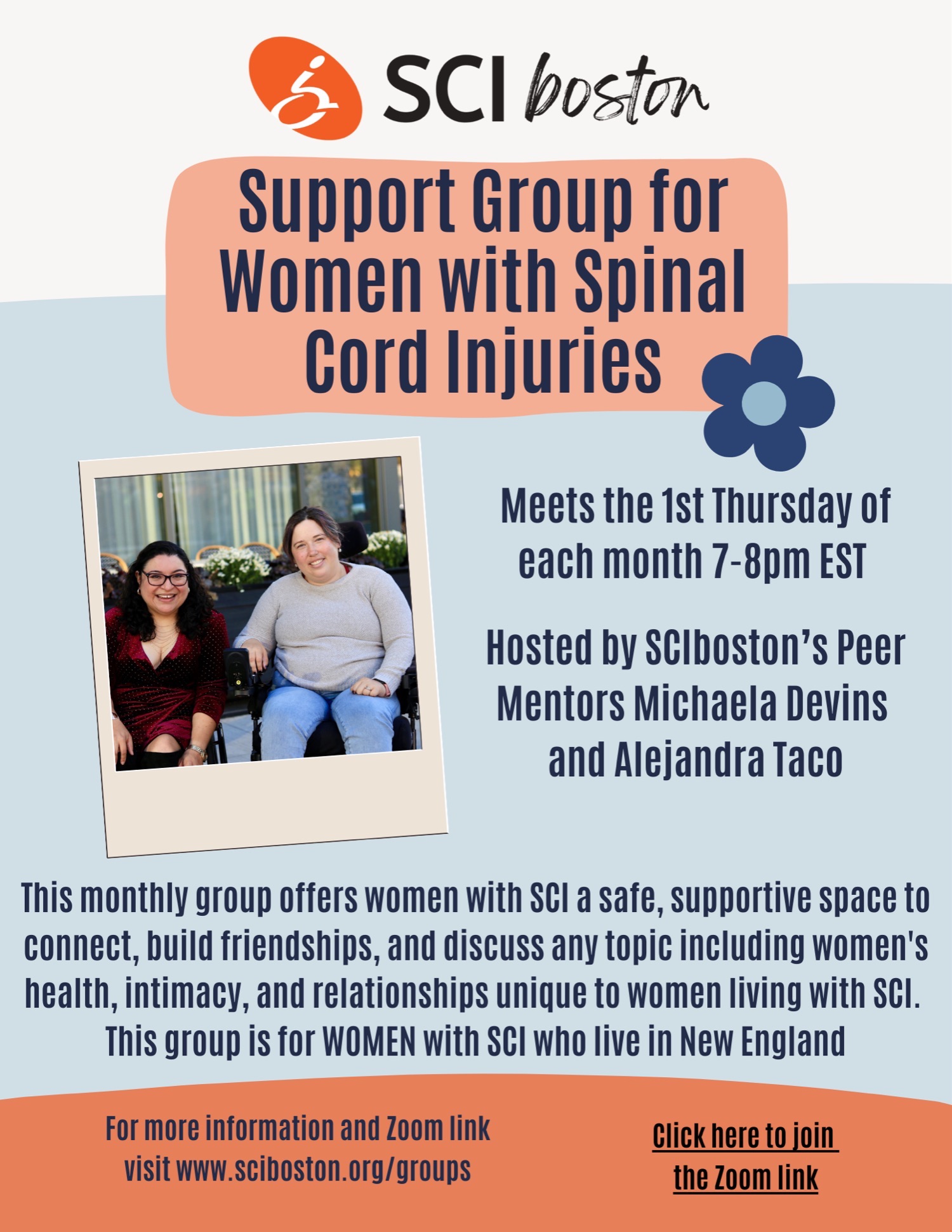 ID: flyer with blue and orange backgrounds. Text about the women's support group on the first Thursday of each month seven-8 PM EST. Click on the flyer to join the meeting.