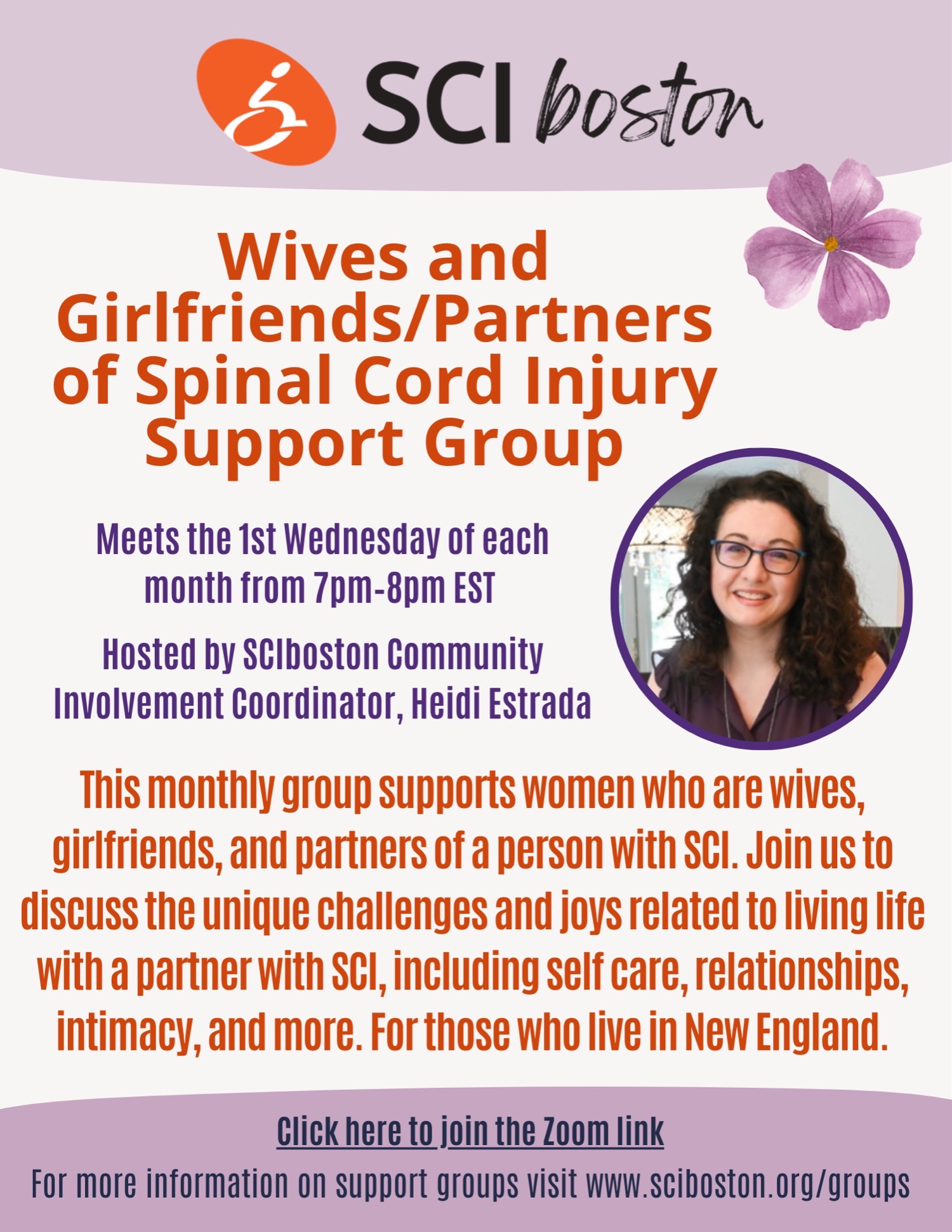 ID: white and purple background with text inviting wives and girlfriends/partners of spinal cord injured individuals to a group that meets first Wednesdays of each month seven-8 PM EST. Click the flyer to join the group