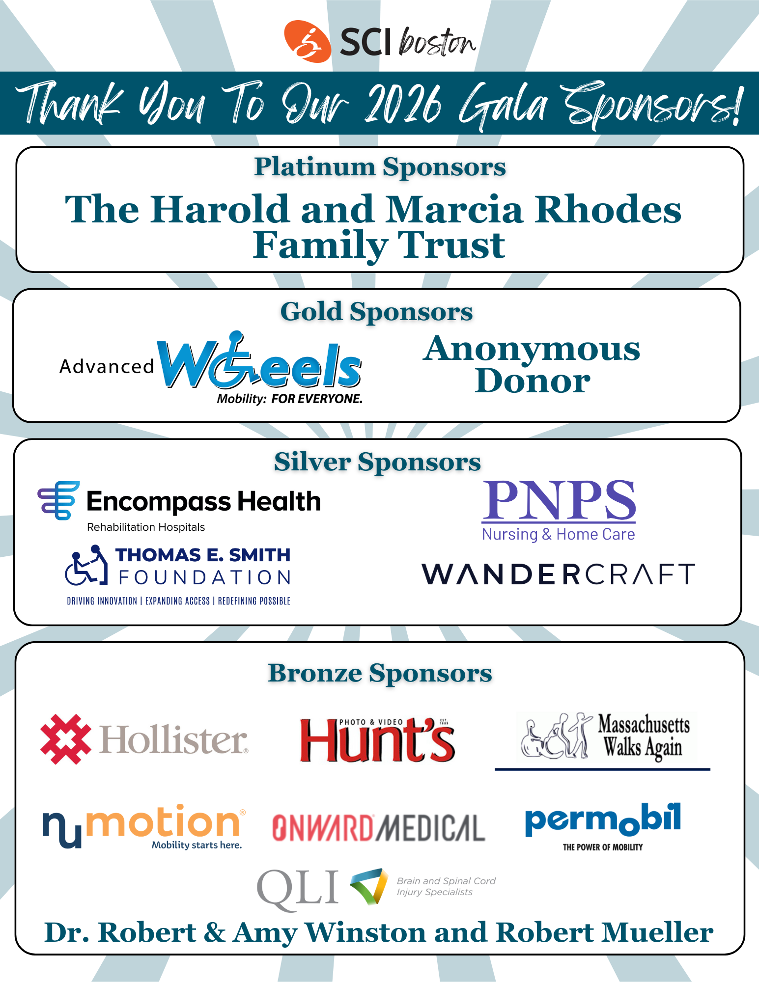 ID: blue and white striped flyer Backround. With many logos of all SCI Boston sponsors. Text: thank you to our 2026 Calle sponsors.