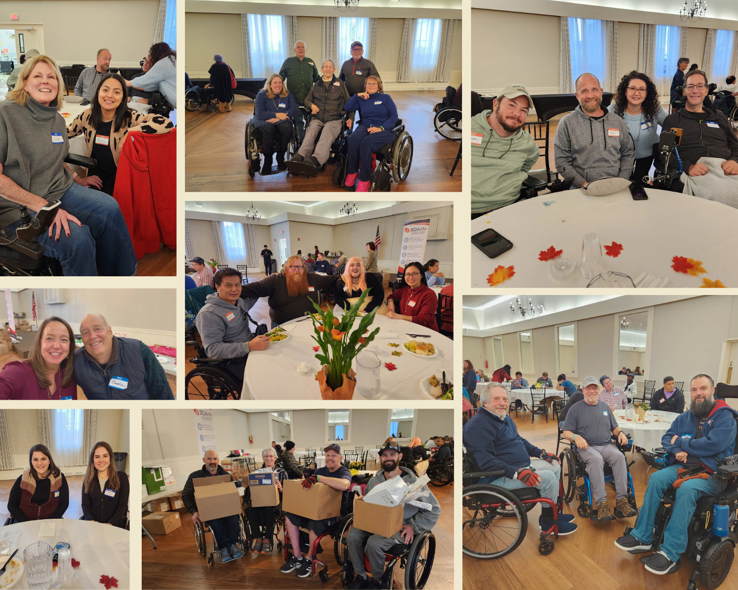ID: seven photos set up an a collage of wheelchair users and non-wheelchair users gathered in in event hall. Some are eating turkey dinners some are holding boxes of supplies.