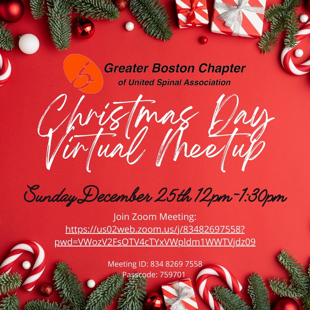 Image description: read flyer with holiday theme. GBC logo at top. Text: Christmas day virtual meet up. Sunday, December 25 12 PM-1:30 PM. There is a clickable hyperlink.