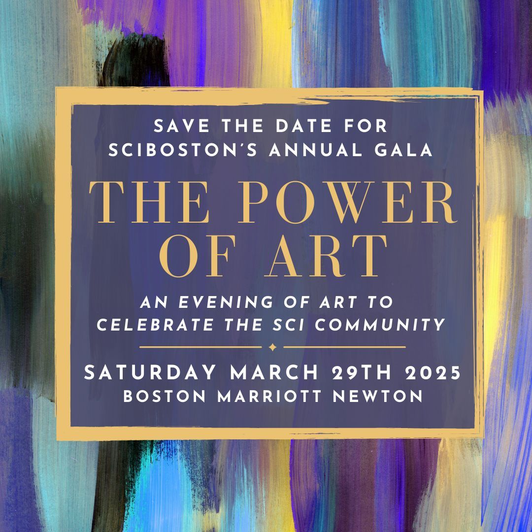 ID: a colorful flyer background that looks like paint brush strokes. A slightly transparent box in the middle with text that reads save the date for SCI Boston's annual gala. The power of art, and evening of art to celebrate the SCI community. Saturday, March 29, 2025. Boston Marriott Newton