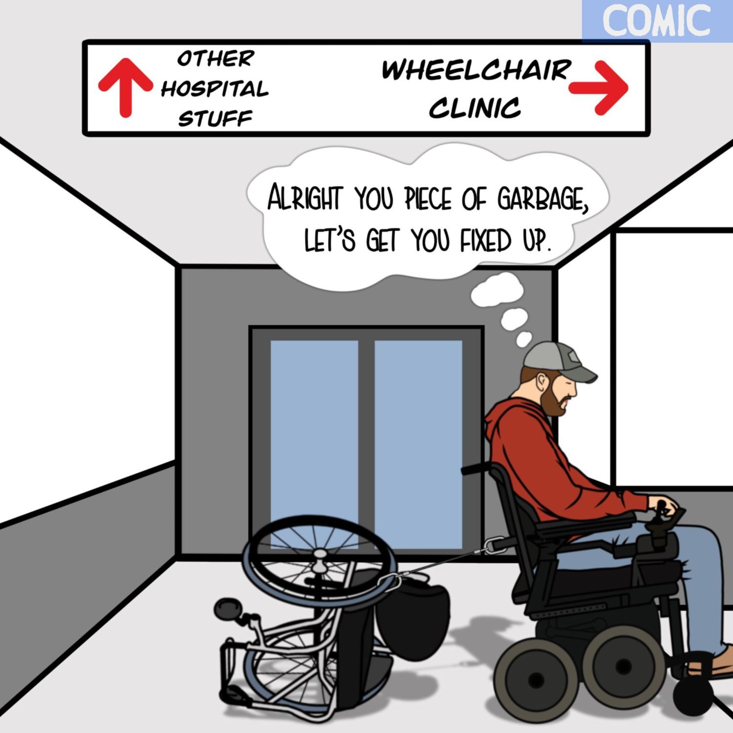 Image description: a man and a power chair dragging his manual chair behind him following a sign for wheelchair clinic.