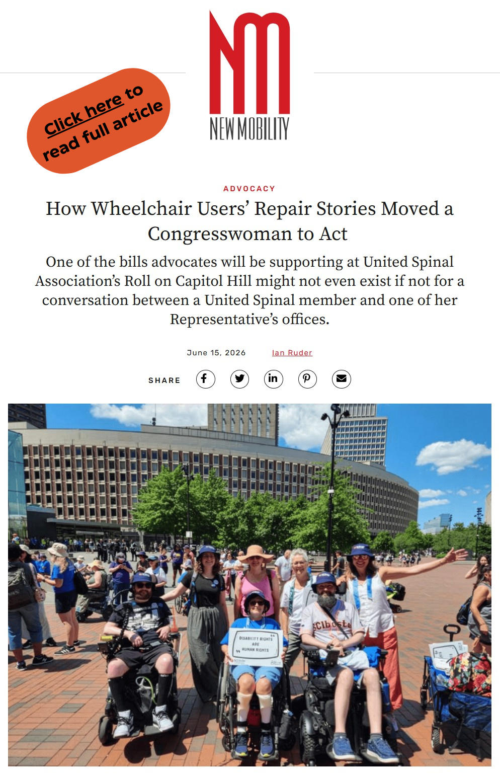 ID: screenshot from article. White background with new mobility logo at the top and click here to read full article hyperlink. Picture of SCI Boston staff and volunteers with government center in the background.