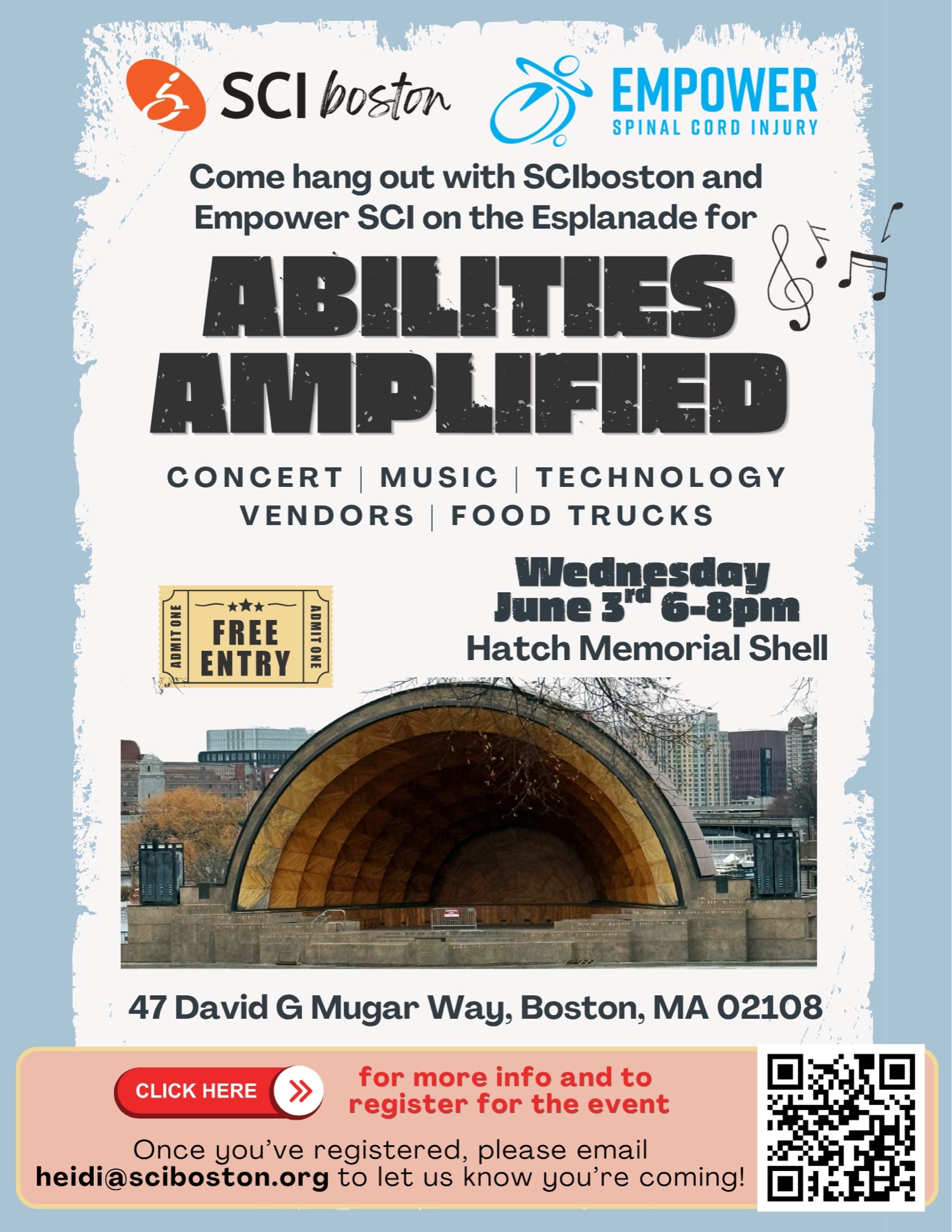 Don't miss this one-of-a-kind free event on the Charles River Esplanade celebrating people with disabilities, music and assistive technology! 🔊What? ✨️Abilities AmplifiedWhen? ✨️Wednesday, June 3rd, 6-8pmWhere? ✨️Hatch Memorial Shell- 47 David G Mugar way, Boston, MA 02108➡️ Visit link in bio to register for the event! Once you've registered, please email heidi@sciboston.org to let us know you're coming!Image description: [1 page flyer titled, Abilities Amplified! Featuring SCIboston and Empower SCI logo's at the top. All other details highlighted in caption above.]