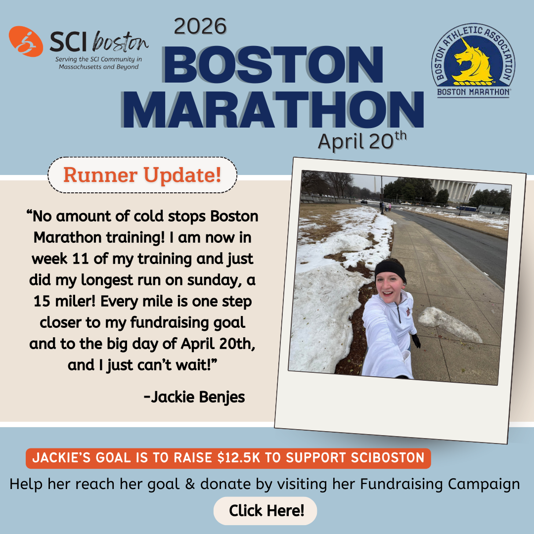 ID: blue background with text, SCI Boston logo on the top left and Boston athletic association logo on the right. Image of Jackie taking a selfie on one of her training runs with snow in the background. Text: 2026 Boston Marathon April 20. Runner update! 