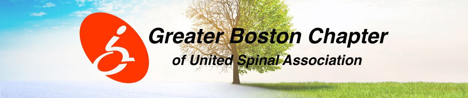 Image description: greater boston chapter of United spinal Association logo on top of a background. The background shows winter transitioning into spring with a tree in the middle.