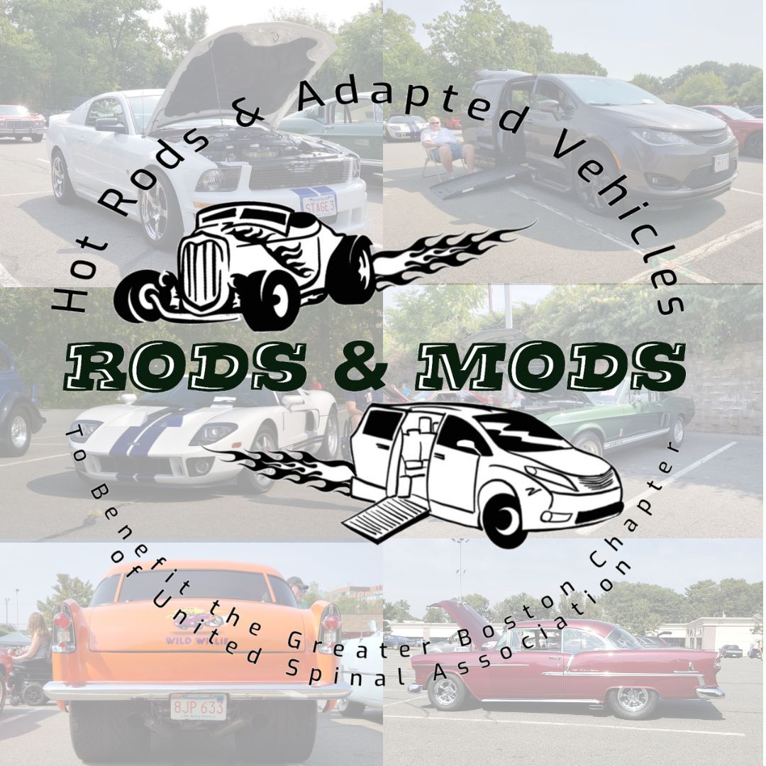 This image is the rods and mods logo with various vehicles in the background