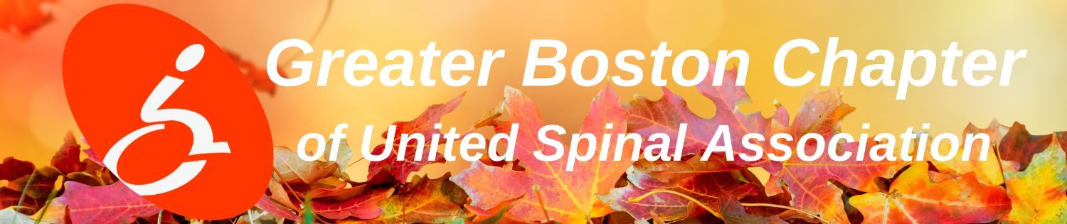 Image has a background of fallen autumn leaves on the ground with the greater Boston chapter of United spinal association logo at the front
