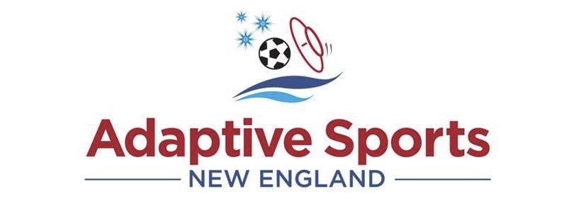 Image is the logo for adaptive sports New England which has a soccer ball, a frisbee, and a water graphic
