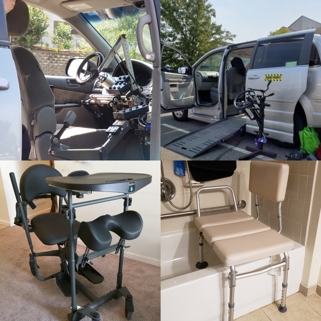 ID: Square image with foursquare images as a collage. Top left is the driver seat of a van with various adaptations. Top right is a ram van with various adaptations. Bottom left is a standing frame. Bottom right is a shower bench