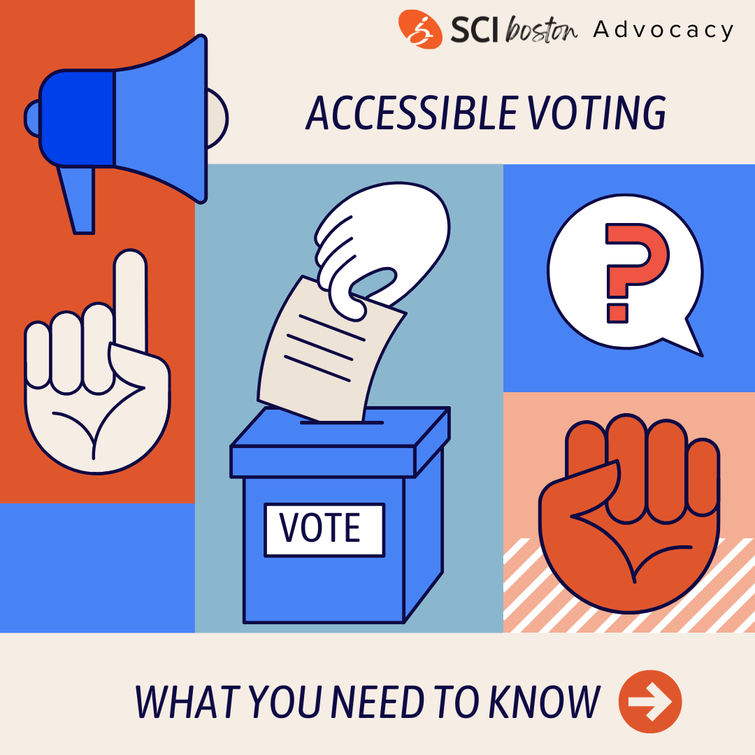 This is a graphic about accessible voting in red, tan, and blue. There are a number of cartoony images -- a voting ballot box, a horn, a hand with the first finger pointing up, a fist, and a question mark. The image says Accessible Voting, What you need to know.